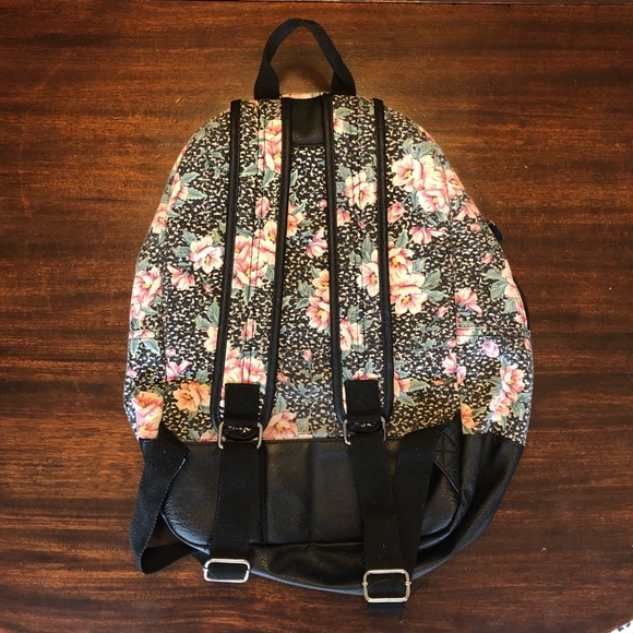 Black Floral Backpack with Pink Flowers and Pink Tassel - Picture 2 of 6